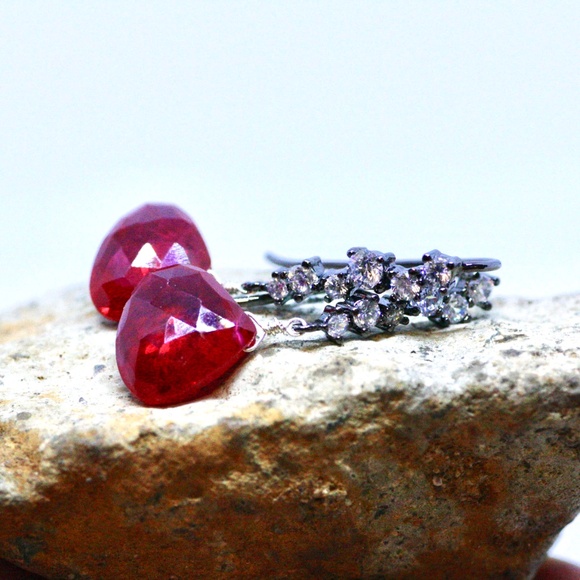Handcrafted Wire Wrapped Ruby Earrings Sterling Silver , July Birthstone - Picture 2 of 6